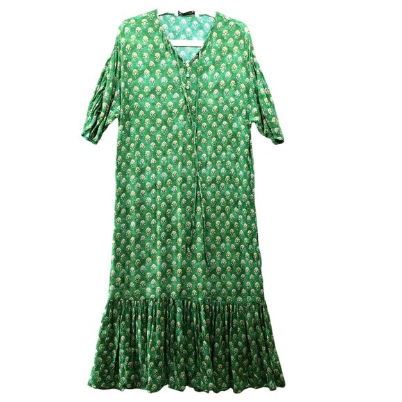 Zara Maxi Dress Womens XS Green Boho Print Ruffle Short Sleeve V-Neck Relaxed - Picture 1 of 10